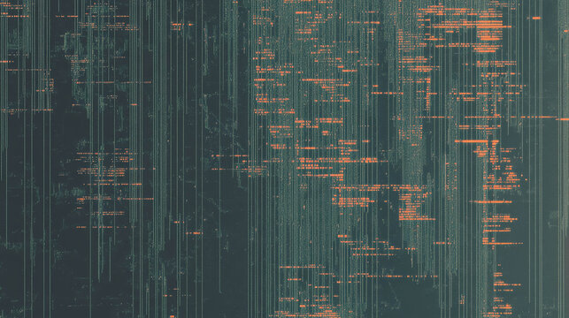 Abstract Corrupted Data Background with Orange Digital Noise and Vertical Signal Lines