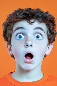 A young boy looks surprised with a facial expression of shock. vertical frame