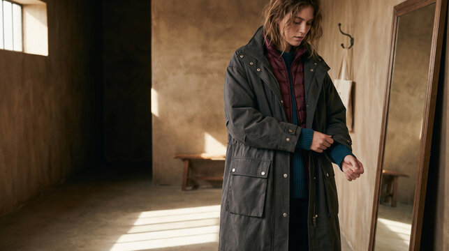 Model fine-tunes layered utility outerwear in a fitting room