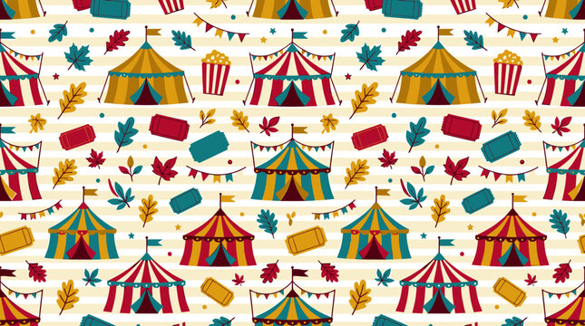 Retro circus carnival pattern with tents and popcorn