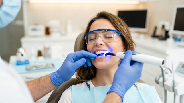 Dentist using a dental polymerization lamp on a patient in the oral cavity