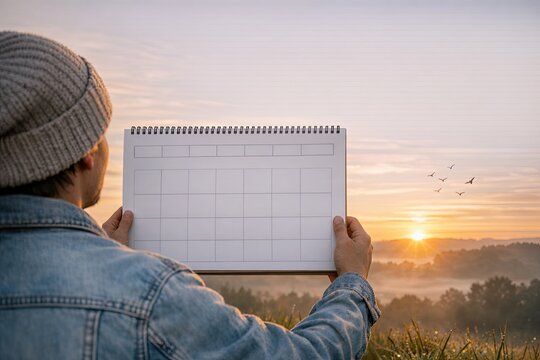 A person holds a notebook with a calendar, planning and organizing
