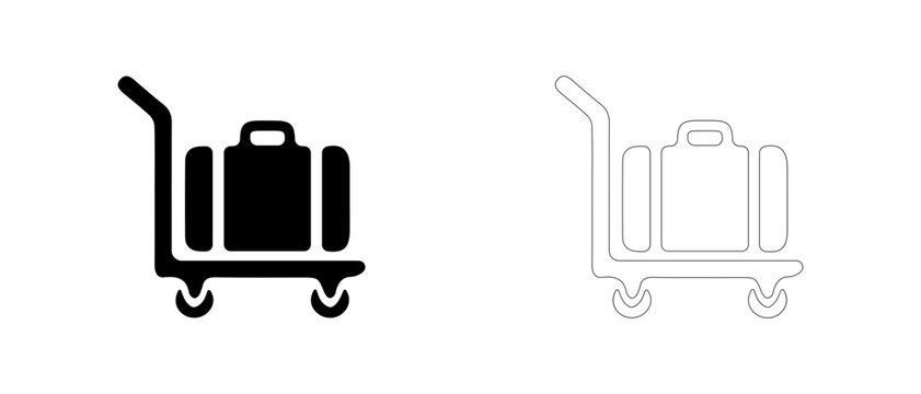 Hotel luggage cart trolley with suitcase vector icon filled and outline, bellboy service and baggage delivery symbol.