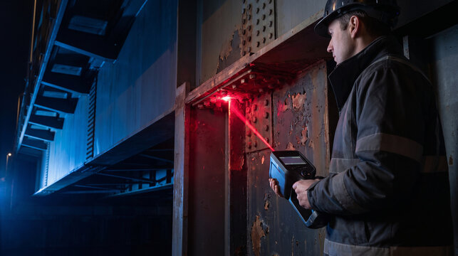 Engineer checks bridge steel with a magnetic sensor for structural changes