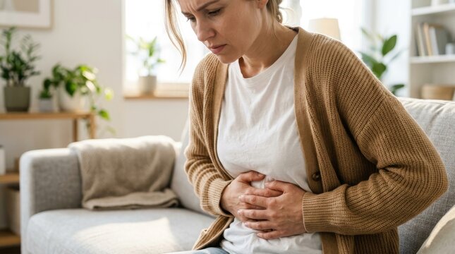 Woman experiencing intense abdominal pain while gripping her belly with both hands.
