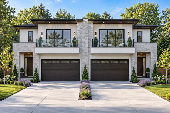 Modern duplex house with white walls and stone accents featuring two side by side garages.