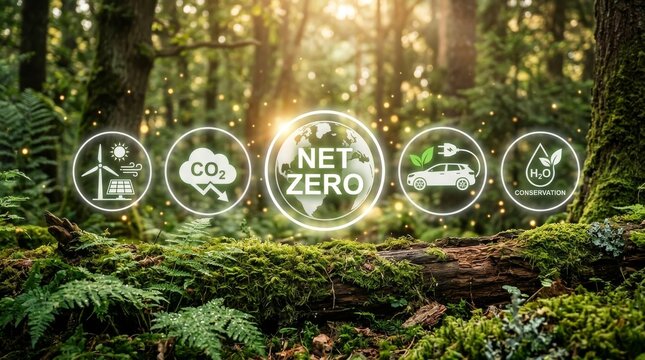 Net zero sustainability path concept with circular icons for carbon reduction and clean energy.