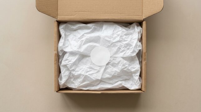 Open cardboard shipping box mockup containing white tissue paper and a blank circular sticker.