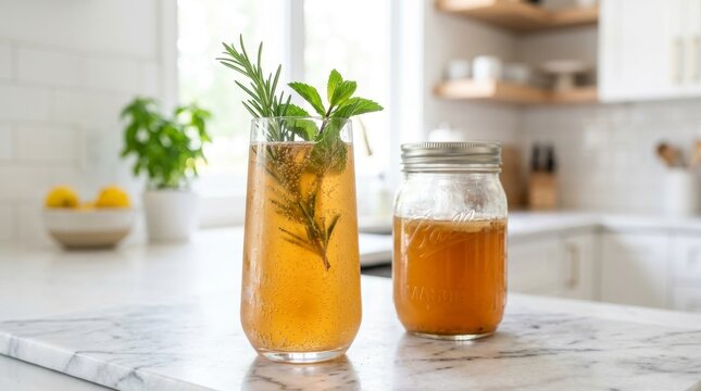 Healthy homemade fermented raw kombucha tea infused with fresh rosemary and mint in a tall glass.