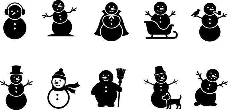 Snowman Icon Set featuring Winter Holiday Characters with Christmas Outfits, Sled, Dog, Broom, and Earmuffs for Seasonal Graphic Design Layouts
