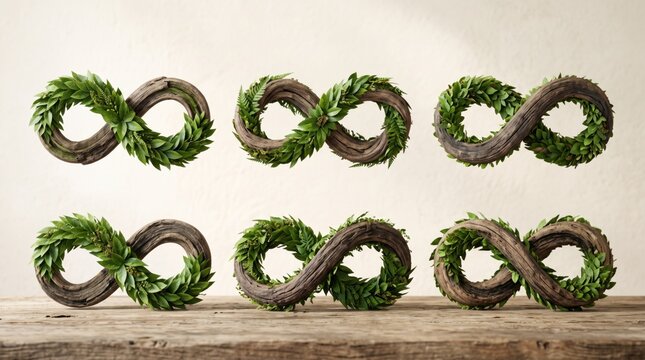 Rustic infinity signs crafted from driftwood and lush green foliage sit gracefully on a wooden table under soft light.