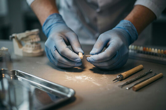 Dental laboratory technician finishing a tooth crown at a bench with shade guide and tools