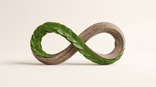 A wooden infinity symbol seamlessly wrapped with vibrant green leaves rests gracefully under soft light on a neutral background.
