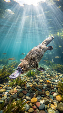An extraordinary platypus swims gracefully through a crystal clear river with dappled sunlight penetrating the water. Fascinating endemic Australian wildlife photography.