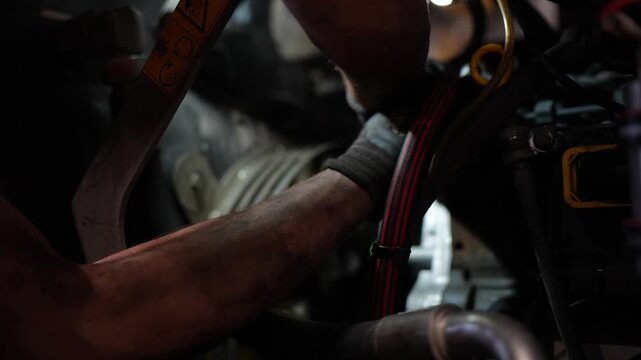 Work gloved hands manipulate components among engine hoses and metal housings, representing manual mechanical repair and equipment maintenance in a workshop