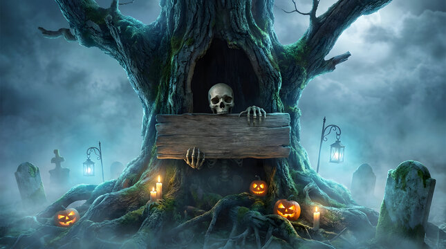 Human skull on a wooden sign inside a hollow tree in a dark forest with jack o lanterns ancient tree trick or treat spooky season carved pumpkin black magic
