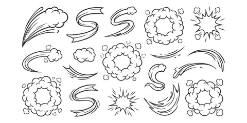 Set of hand drawn comic book style smoke clouds and motion speed lines for action animation © md