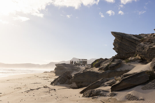 safari vehicle parked on cliff, Sopies Klip, Walker Bay Nature Reserve, Stanford, South Africa