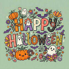 Naklejka premium Halloween vector illustration with cute spooky lettering, ghosts, and pumpkins
