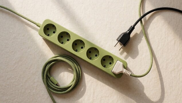 Green power strip extension cord with plugs on beige background, flat lay top view, electrical safety and home energy concept