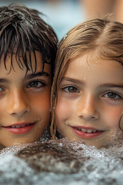 Two children having fun splashing around in a body of water, possibly at a beach or pool. vertical frame