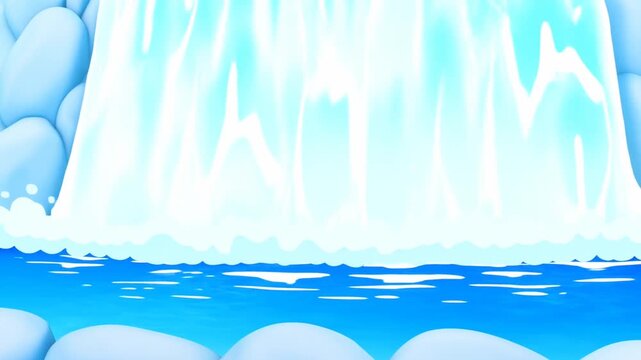 Slow motion static shot of waterfall cascading into turquoise pool with smooth rounded rocks in foreground