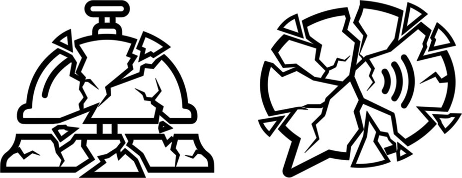Broken service bell and shattered speech bubble icons