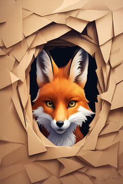 Cute fox looking out of hole in paper, digital art, graphic design illustration