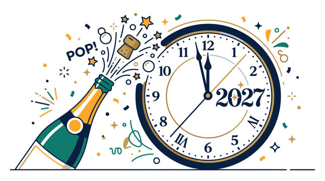 Factual illustration of a champagne bottle popping its cork with confetti and stars, positioned next to a round analog clock face displaying the year 2027 and midnight time.