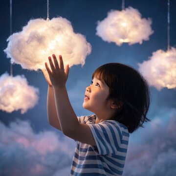 Child reaches out to touch glowing clouds in a dreamy room at night