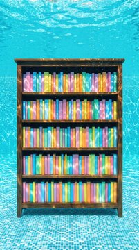 A wooden bookshelf filled with vibrant, multicolored books stands submerged on the tiled floor of a swimming pool, creating a surreal visual illusion of a library resting beneath clear water.