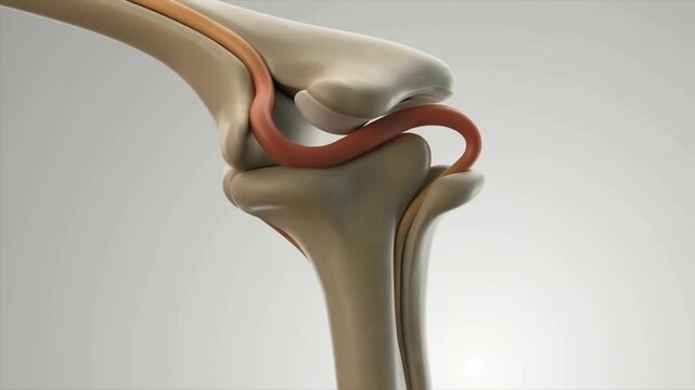 Slow motion tracking pan of knee joint ligaments flexing and sliding in anatomical model studio medical illustration