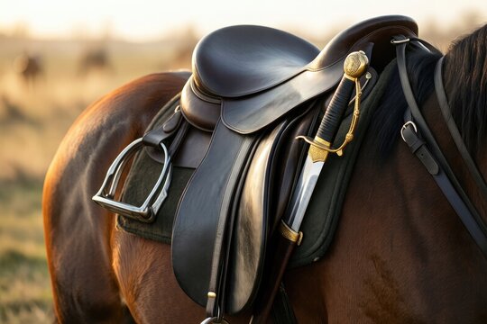 Horse saddle with sword and belt in a field at sunset