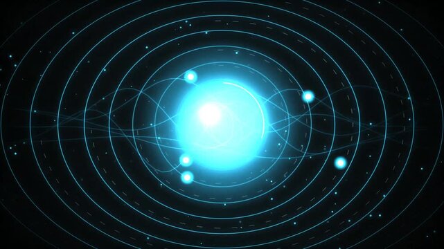 Futuristic solar system model featuring glowing blue sun with orbiting planets and orbital paths against black background motion graphic.