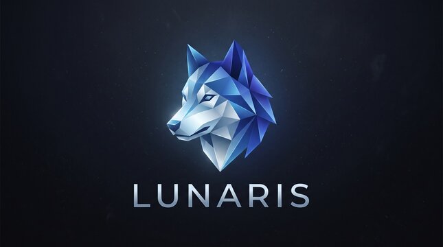 Polygonal wolf head illustration with blue and silver tones