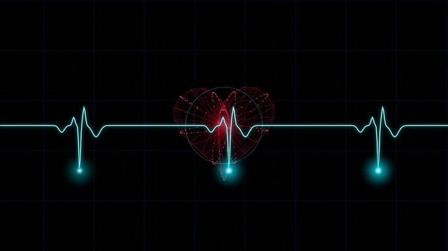 Abstract medical heart rate monitor with pulsing digital heart on black grid background representing health data and vital signs monitoring.