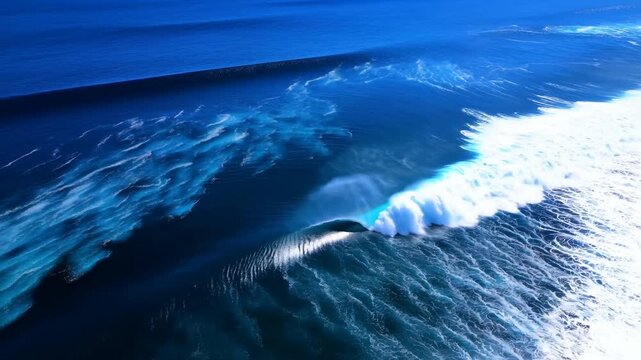 Aerial slow motion tracking pan of ocean waves breaking and curling over reef along open coast from above during daytime