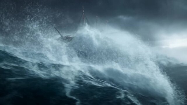 Tracking shot of large steamship plunging through towering storm waves on open ocean under dark cloudy sky