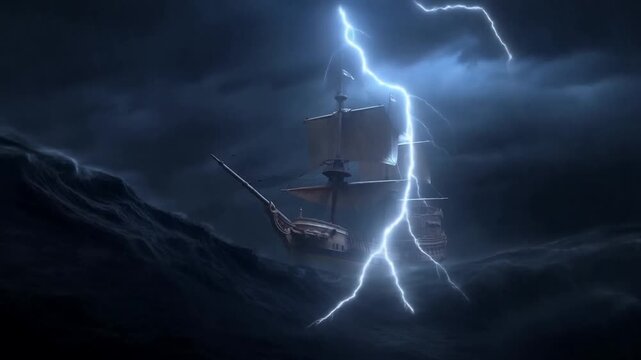 Tracking shot of wooden sailing ship pitching through towering storm waves while struck by lightning on open ocean at night