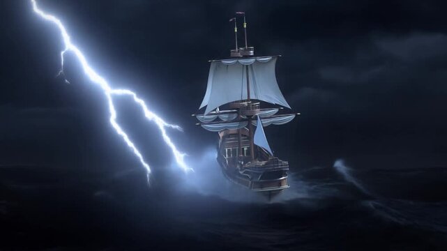 Tracking shot of sailing galleon rocking in storm with lightning over dark open ocean at night