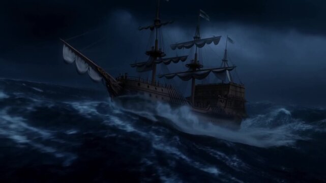 Tracking shot of old wooden galleon pitching and rolling while battling rough waves in open ocean at night during stormy weather
