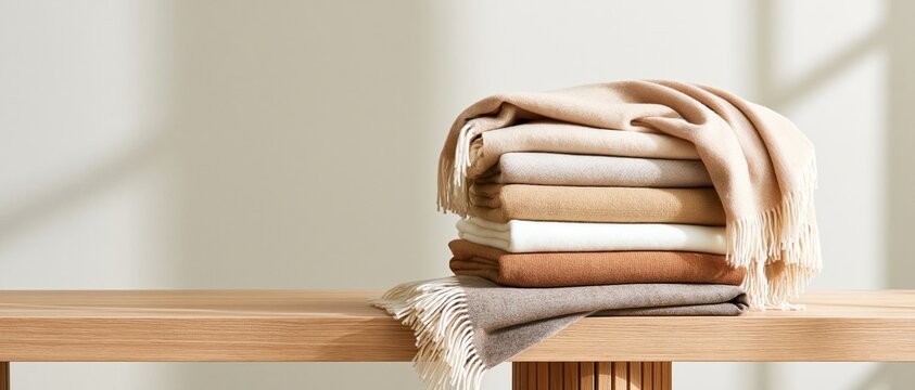 Stacked folded wool throws with fringes in natural tones on wooden table