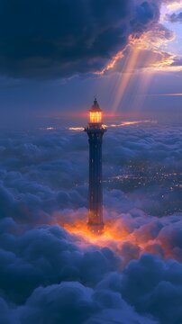 Majestic lighthouse glowing amidst a sea of rolling clouds at twilight in a dreamy anime style