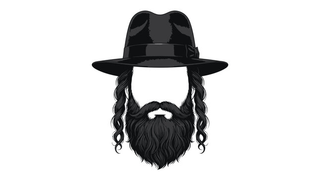 Detailed vector illustration of orthodox jewish man wearing black hat with thick dark curly sidelocks