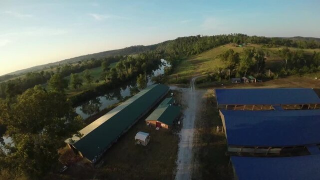 Low altitude aerial view of War Eagle craft fair booths and war eagle river besides