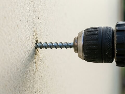 Drill making a hole in a wall at a construction site during daylight hours