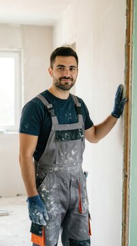 Worker stands in renovation site with plaster and tools in hand during a busy workday