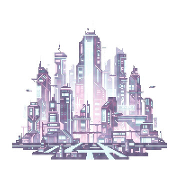 Futuristic cyberpunk city skyline, sci-fi metropolis vector illustration, purple neon urban landscape, high-tech digital city concept