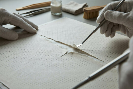 Paper conservator mending a torn historic document with a spatula and Japanese tissue