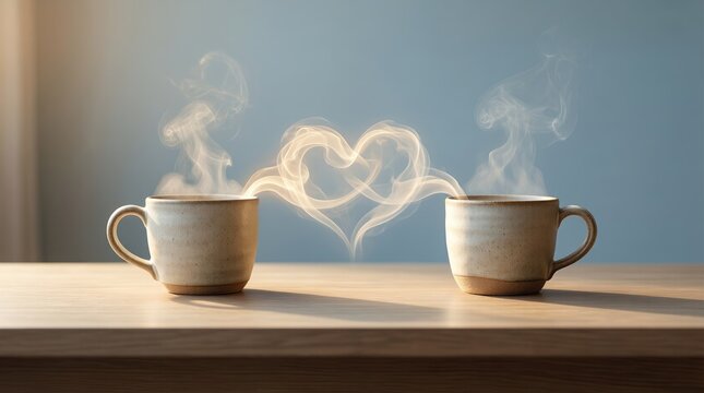 Two cups of coffee on a table create heart-shaped steam in a cozy setting